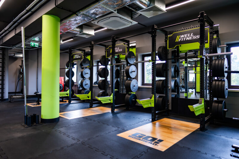Силові тренажери в тренажерному залі Well Fitness з гумовим покриттям і дерев'яними платформами.