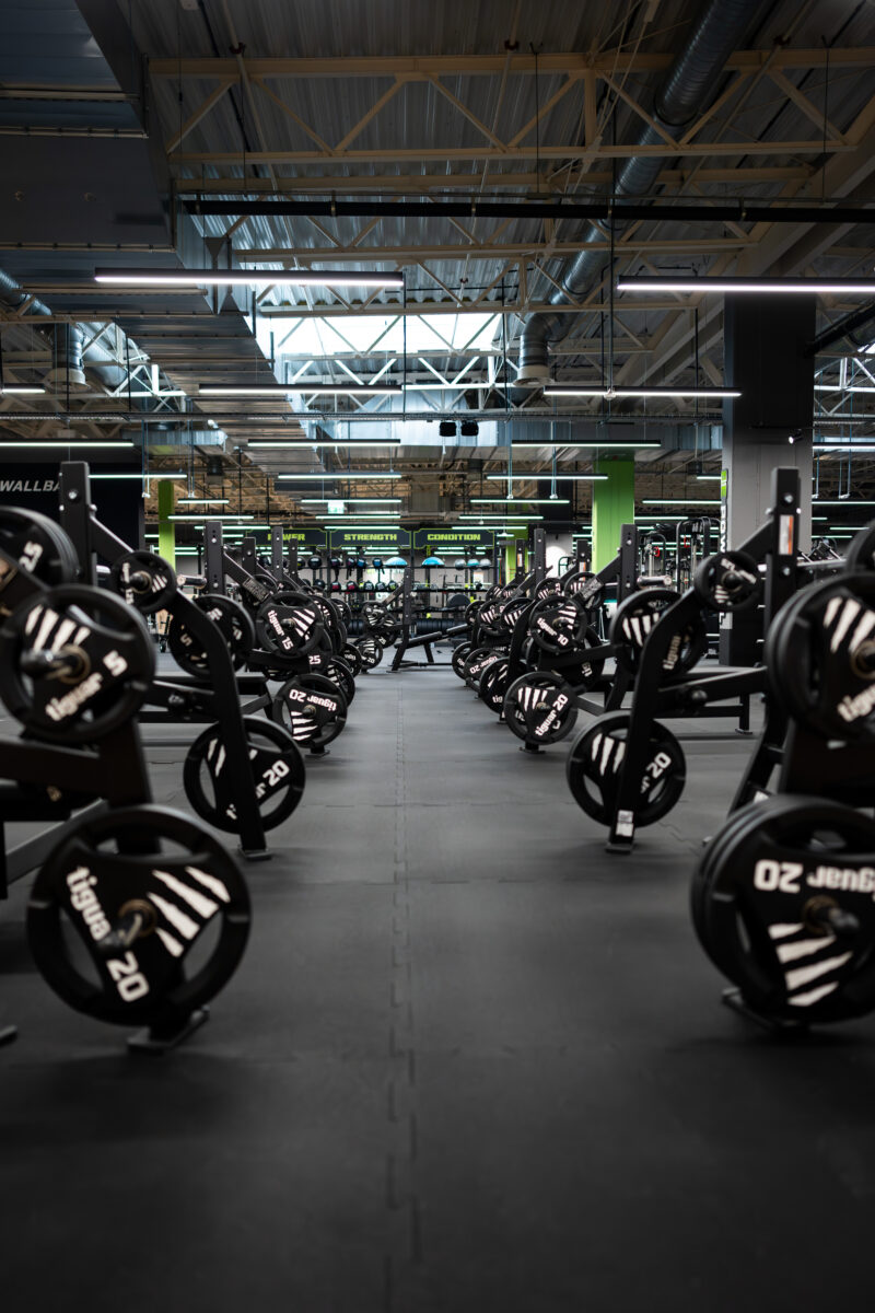 Strefa siłowa z hantlami tiguar i strefami Power, Strength, Condition – Well Fitness Białystok