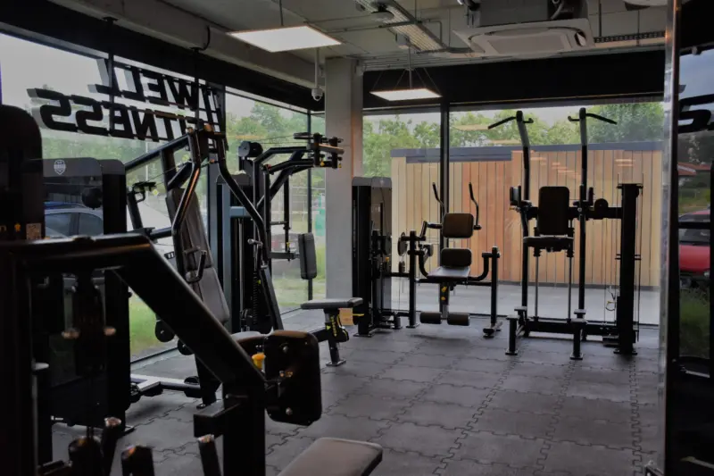 Wnętrze siłowni z maszynami do ćwiczeń izolowanych.