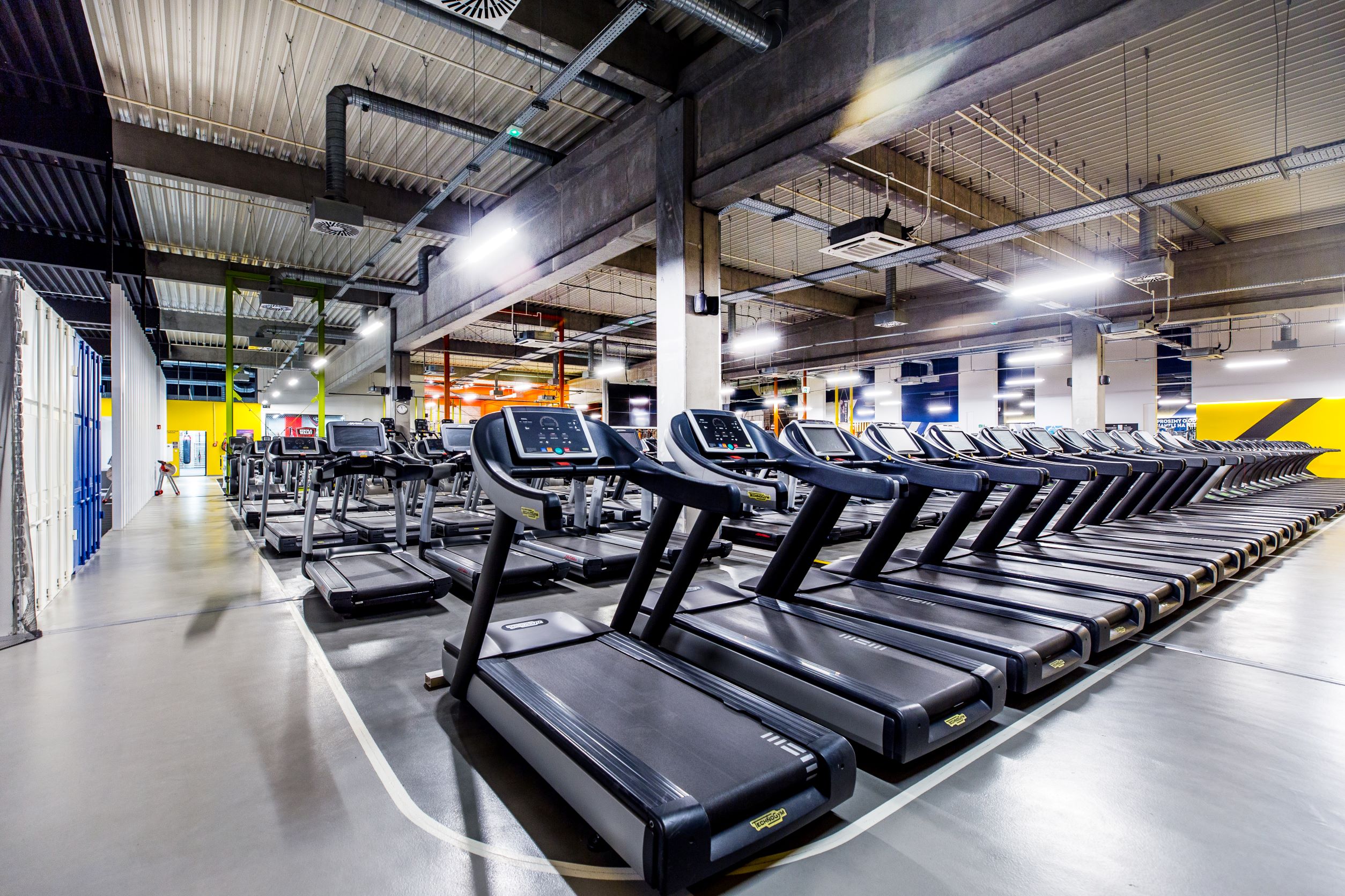 Długa linia profesjonalnych bieżni w strefie cardio wielkopowierzchniowego klubu Well Fitness Bratysławska w Krakowie.