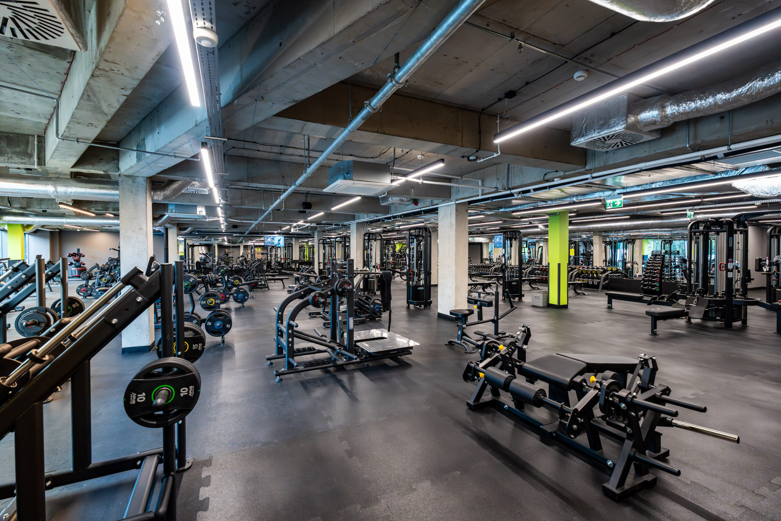 A wide shot of the free weights area with numerous exercise benches, griffins and dumbbells under long lines of ceiling lighting.