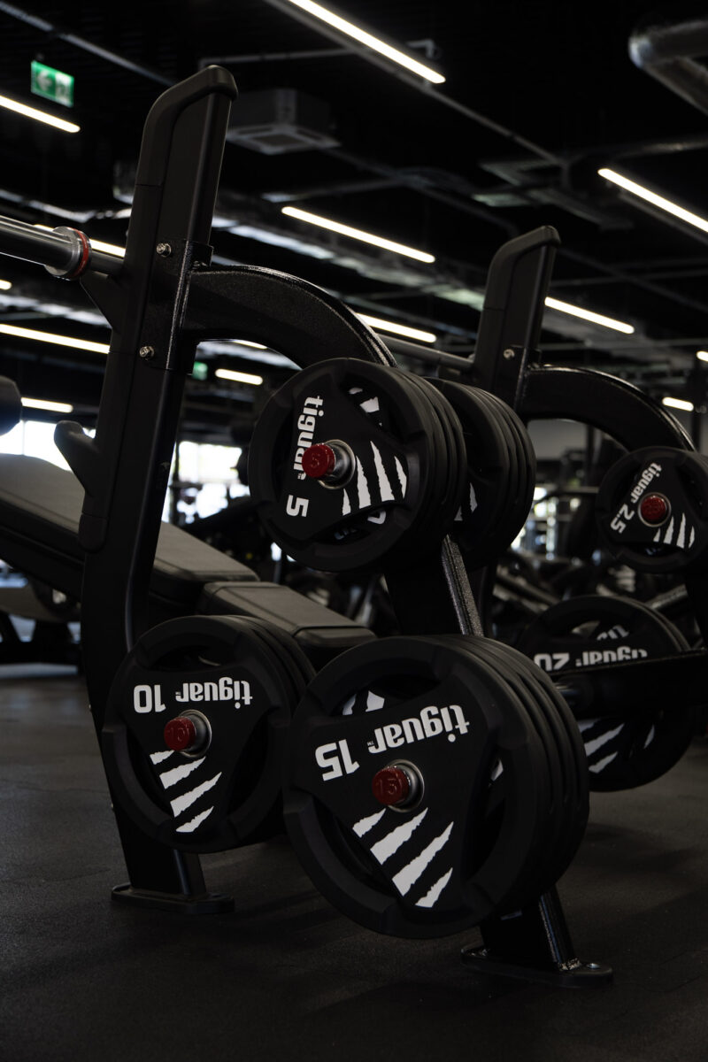 Close-up of a stand with black Tiguar branded weight plates of different weights (2.5 kg, 5 kg, 10 kg, 15 kg).